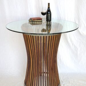 Halesia reclaimed wine-barrel pub table shown with an optional glass top